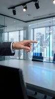 Businessman in dark suit pointing at holographic display showing digital revenue metrics and e-commerce growth statistics in modern office conference room setting.