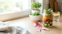 Layered salad in glass jar with fresh vegetables, herbs and greens on wooden table by window with potted plants, healthy meal prep and nutrition concept.