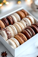 Assorted French macarons in white, chocolate, and caramel colors arranged in gift box. Close up view shows delicate texture and filling of gourmet cookies.