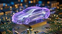 Futuristic holographic sports car glowing in purple neon light above a circuit board, representing automotive AI and smart technology innovation.
