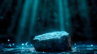 Glowing blue crystal stone on dark background with magical light rays and sparkles creating mystical atmosphere in water reflection.
