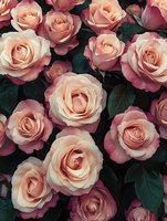 Blooming peach and pink roses with dark green leaves create romantic floral composition. Fresh garden roses in soft pastel tones for wedding and celebration designs.