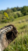 Hand holding young seedling with soil and roots against blurred green field landscape. Suitable for environmental, agriculture, reforestation, sustainability and gardening concepts.