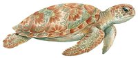 Sea turtle with ornate floral patterned shell in warm terracotta and sage tones, isolated on white background for design use.