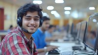 Young South Asian male student wearing headphones and plaid shirt smiles while working at computer in modern university computer lab classroom setting.