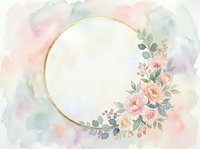 Watercolor floral frame with pink roses and greenery on soft pastel background, isolated circular gold border design for invitations and greeting cards.