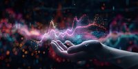 Hand holding glowing digital financial chart with neon particles, data visualization concept for fintech, analytics, and business growth presentations.