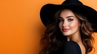 Young woman with wavy brown hair wearing black hat and outfit against vibrant orange background. Fashion portrait with elegant styling and natural makeup.