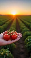 Fresh ripe tomatoes held in farmer's hand at sunrise over agricultural field rows. Organic farming harvest concept for healthy food production.