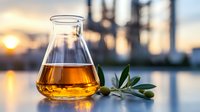 Glass flask with golden liquid and olive branch against blurred industrial facility silhouette at sunset, reflections on water surface create atmospheric scene.