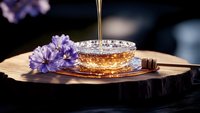 Golden honey drips into decorative glass bowl on wooden slice with purple delphinium flowers, creating luxurious food composition against dark background.