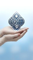 Hands holding floating eco symbol with sun, leaves and water elements representing environmental protection and sustainable development concept.