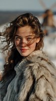 Young woman with windswept brown hair wearing fur coat smiling on snowy winter day with warm golden sunlight creating atmospheric outdoor portrait.