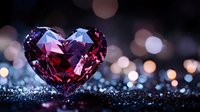 Crystal heart in deep red and purple hues on glittering dark surface with soft bokeh lights in background creates romantic Valentine's Day atmosphere.