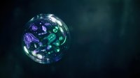 Glowing spherical cell with bioluminescent organisms and neon particles floating inside transparent bubble on dark background for science and biotechnology projects.