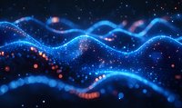 Abstract glowing blue waves with orange light particles flowing on dark background, creating dynamic motion effect for technology and science designs.