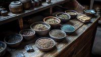 Variety of dried herbs, spices and seeds in ceramic bowls arranged on rustic wooden shelves, moody dark food photography style for culinary background.