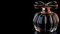 Elegant glass perfume bottle with rose gold bow cap on black background for luxury cosmetics and fragrance advertising.