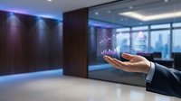 Businessman hand presenting holographic financial data charts and graphs in modern office space with city view background for business analytics.