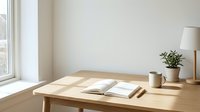 Minimalist wooden desk with open notebook and pen in bright natural light from window, featuring potted plant and lamp for modern workspace design.