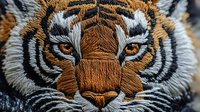 Close up macro shot of tiger eyes and nose showing detailed fur texture and intense gaze, dramatic lighting highlights orange and black stripes pattern.