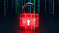Red glowing digital padlock with circuit patterns against matrix code background for cybersecurity and data protection concepts.
