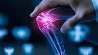 Glowing anatomical visualization of shoulder joint pain with hand interaction shown on dark background with medical symbols. Medical concept for orthopedics.