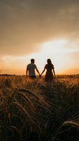 Romantic couple holding hands walking through golden wheat field at sunset with warm orange sky and silhouetted figures creating intimate mood for love concepts.