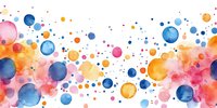 Vibrant watercolor bubbles in pink, blue, and orange create playful scattered pattern on white background. Colorful dots and circles flow in dynamic composition.