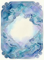 Watercolor cloud frame with ornate swirls in blue and purple tones, decorative border design for invitations, cards and artistic projects.