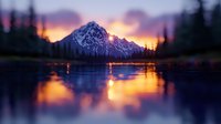 Majestic snow-capped mountain peak reflected in calm lake waters at sunset, with vibrant orange sky and silhouetted pine trees creating dramatic wilderness scene.