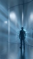 Man standing in futuristic corridor dissolving into particles, representing digital transformation, data visualization, technology innovation, and virtual reality concepts for tech and business applications.