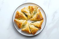 Flaky spinach and feta cheese pastries arranged in circle on white plate with marble background. Golden brown phyllo triangles topped with sesame seeds.