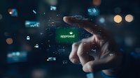 Finger touching virtual approved button with futuristic interface elements, digital locks and network connections on dark background with bokeh effect.