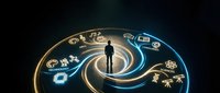 Business professional standing in center of glowing digital transformation spiral with technology icons representing innovation and future growth.