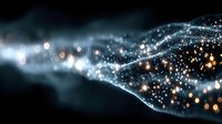 Abstract digital wave of glowing particles and light points flowing on dark background, representing data visualization or technology concept.
