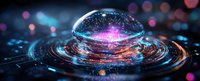 Glowing futuristic sphere with rippling energy waves and pink light burst floating above reflective surface amid blue bokeh lights in dark space.