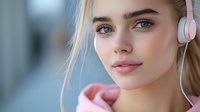 Young blonde woman with blue eyes wearing pink headphones listening to music with soft natural lighting and blurred background for lifestyle content.