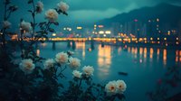 White roses frame a serene twilight cityscape with glowing lights reflecting on calm water, creating a romantic and atmospheric scene.
