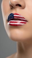 Close-up of woman's lips painted with stars and stripes flag pattern in red white and blue colors for patriotic makeup concept and national pride celebration.