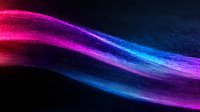 Vibrant neon wave with flowing gradient from pink to purple and blue colors on dark background, abstract light trail effect creating dynamic motion.