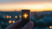 Glowing lightning bolt symbol on dark cylindrical object held against blurred sunset cityscape with bokeh lights creating atmospheric evening mood.