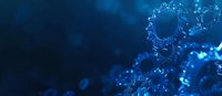 Glowing blue virus cells floating in dark microscopic space, molecular structure with detailed protein spikes creating ethereal scientific atmosphere.