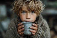 Young blonde boy with blue eyes holding warm drink mug wearing cozy knit sweater. Child enjoying hot beverage indoors during cold weather season.
