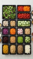 Organized meal prep containers with fresh vegetables, legumes, grains and salad ingredients arranged in black trays for healthy eating, diet planning and food storage solutions.