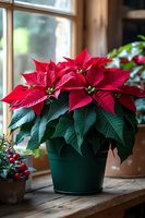 Vibrant red poinsettia plant in green pot on rustic wooden windowsill with natural lighting, festive holiday decor for Christmas season interior design.