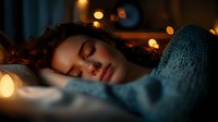 Young woman peacefully sleeping in bed with warm fairy lights creating cozy bokeh effect in dark bedroom, face illuminated by soft golden glow.