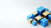 Abstract geometric composition with isometric blue and gold cubes arranged in a three-dimensional cluster on white background, suitable for business, technology, and design projects.