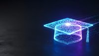 Digital graduation cap with neon glow effect on dark background representing education achievement and academic success in modern technology style.