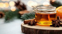 Aromatic honey jar with star anise and cinnamon sticks on wooden slice, festive winter setting with pine branches and bokeh lights in background.
